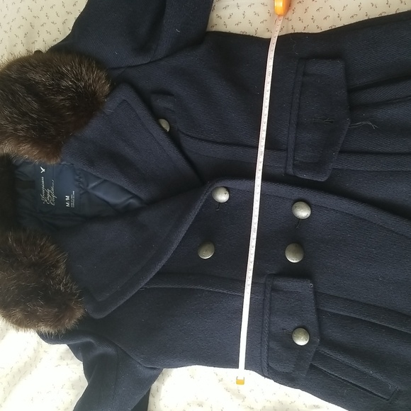 American Eagle Outfitters Navy Fur Collar Short Wool Trench Coat - Picture 4 of 7